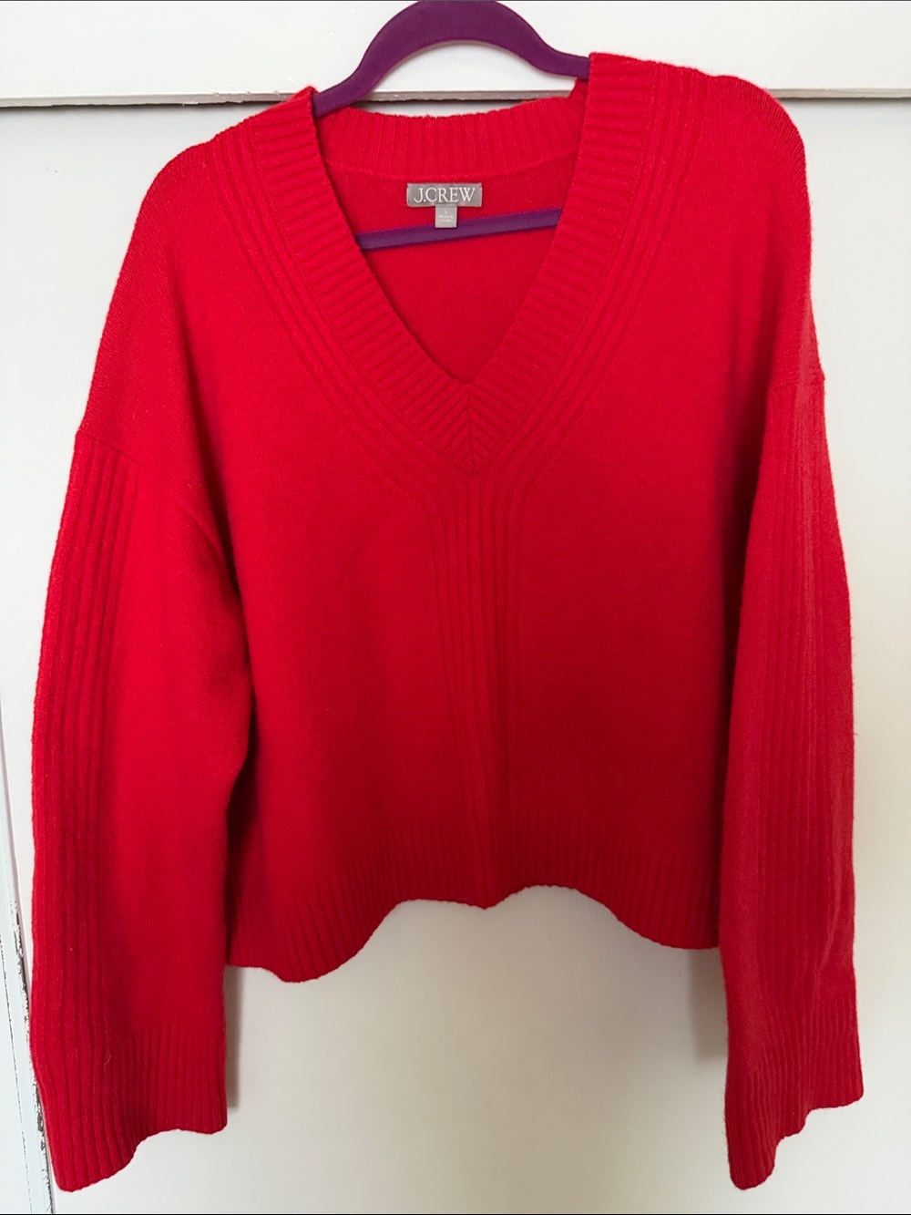 J. Crew Bright Red V-Neck Ribbed Sweater merino wool and alpaca blend - Picture 2 of 6